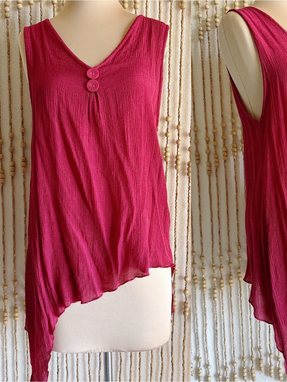 Pretty Angel Linen Wine Asymmetrical Hem Button Detail Lightweight Tank Blouse